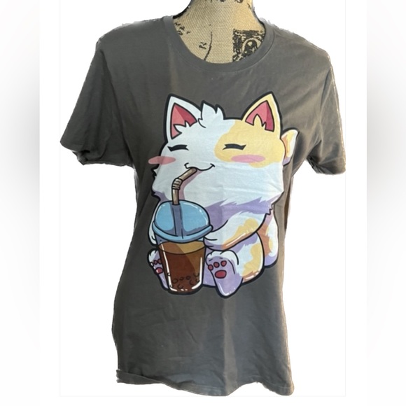 Graphic Tree , Cat T-shirt ,Anime Cat Boba Bubble Kawaii Neko T-Shirt Size L NWT - Picture 3 of 13